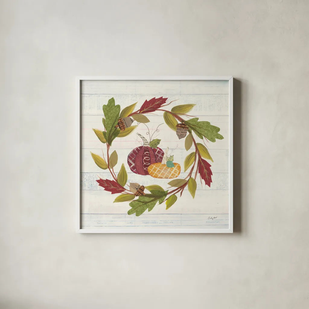 Autumn Bounty I by Courtney Prahl. Shown in a crisp white glass frame for a clean and minimalist style. Available as an archival giclee rolled canvas, fine art paper, or poster print. SKU 38539a.