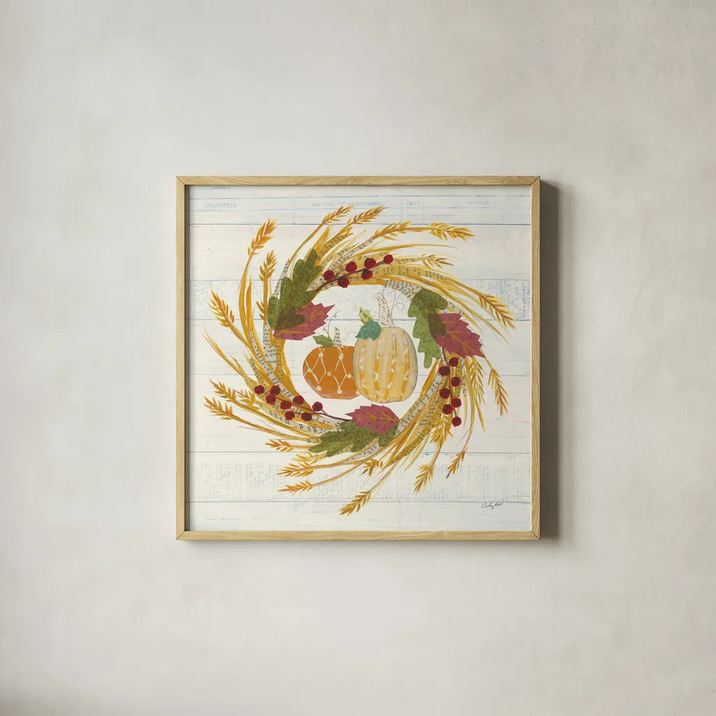 Autumn Bounty II by Courtney Prahl. Shown in a natural wood glass frame for a timeless modern aesthetic. Available as an archival giclee rolled canvas, fine art paper, or poster print. SKU 38540a.