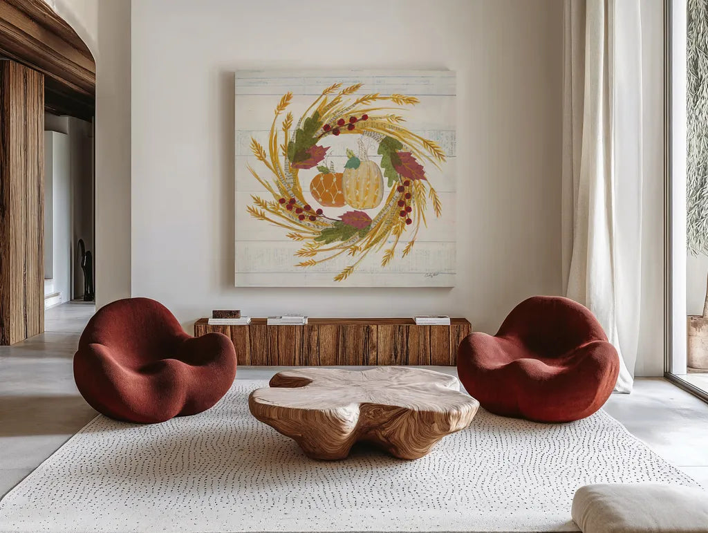 Autumn Bounty II by Courtney Prahl. Shown as extra-large giant wall art in a modern living room. Available as an archival giclee rolled canvas, fine art paper, or poster print. SKU 38540a.