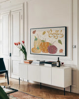 Autumn Bounty V by Courtney Prahl. shown as a framed stretched canvas in a living room above a console. Available as a archival giclee rolled canvas, fine art paper, or poster print. SKU 38543i.