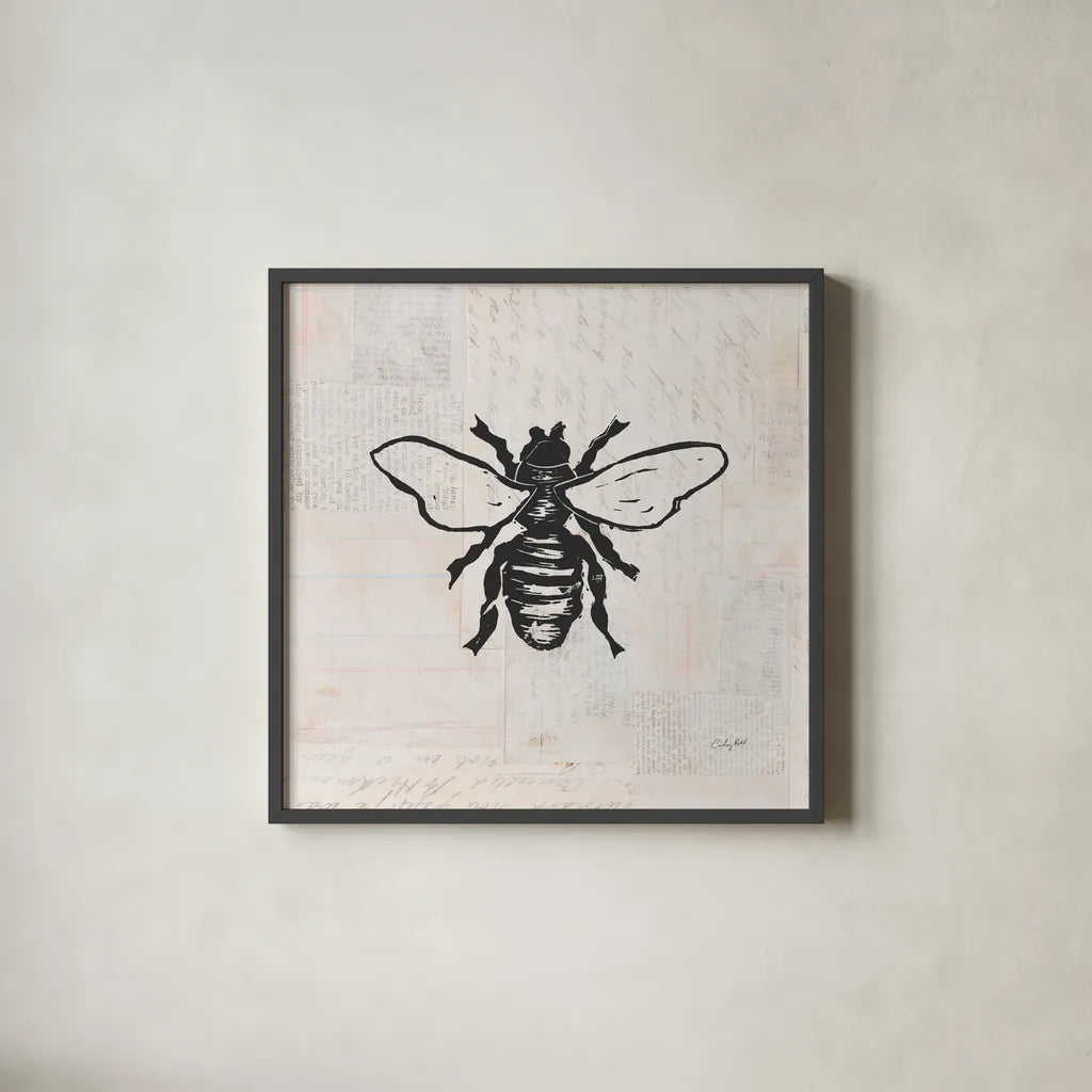 Bee Stamp BW by Courtney Prahl. Shown in a sleek black glass frame for a contemporary gallery look. Available as an archival giclee rolled canvas, fine art paper, or poster print. SKU 54278a.