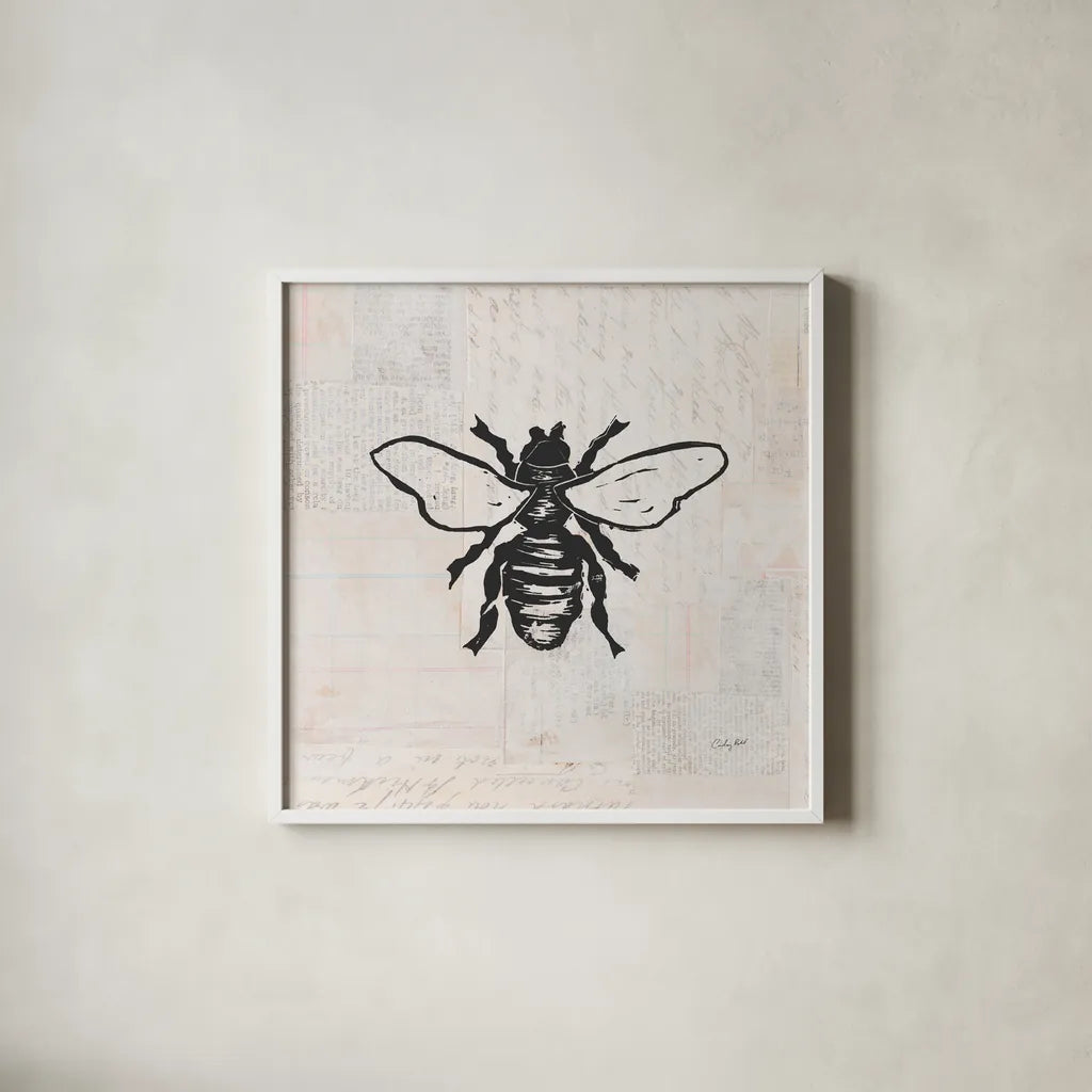 Bee Stamp BW by Courtney Prahl. Shown in a crisp white glass frame for a clean and minimalist style. Available as an archival giclee rolled canvas, fine art paper, or poster print. SKU 54278a.