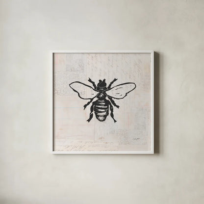Bee Stamp BW by Courtney Prahl. Shown in a crisp white glass frame for a clean and minimalist style. Available as an archival giclee rolled canvas, fine art paper, or poster print. SKU 54278a.