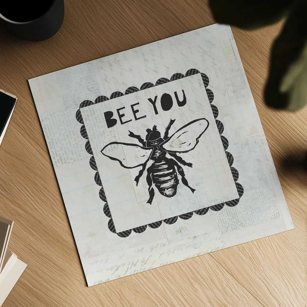 Bee Stamp Bee You by Courtney Prahl. Shown as a detailed flat fine art print, highlighting archival giclee quality. Available as an archival giclee rolled canvas, fine art paper, or poster print. SKU 44528a.