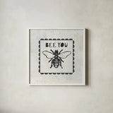 Bee Stamp Bee You by Courtney Prahl. Shown in a crisp white glass frame for a clean and minimalist style. Available as an archival giclee rolled canvas, fine art paper, or poster print. SKU 44528a.