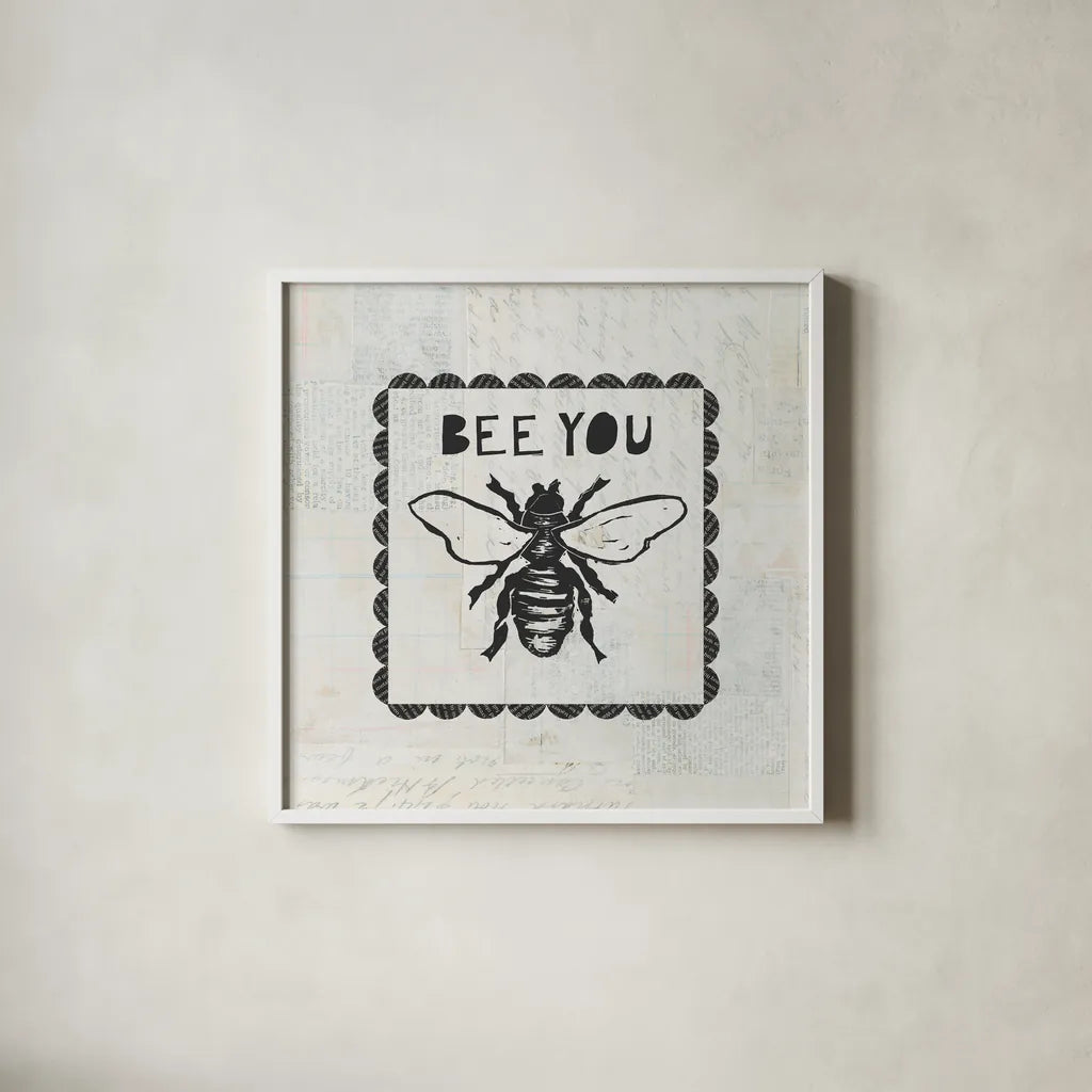 Bee Stamp Bee You by Courtney Prahl. Shown in a crisp white glass frame for a clean and minimalist style. Available as an archival giclee rolled canvas, fine art paper, or poster print. SKU 44528a.