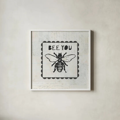 Bee Stamp Bee You by Courtney Prahl. Shown in a crisp white glass frame for a clean and minimalist style. Available as an archival giclee rolled canvas, fine art paper, or poster print. SKU 44528a.