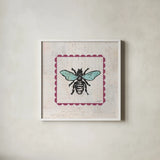 Bee Stamp Bright by Courtney Prahl. Shown in a crisp white glass frame for a clean and minimalist style. Available as an archival giclee rolled canvas, fine art paper, or poster print. SKU 42868a.