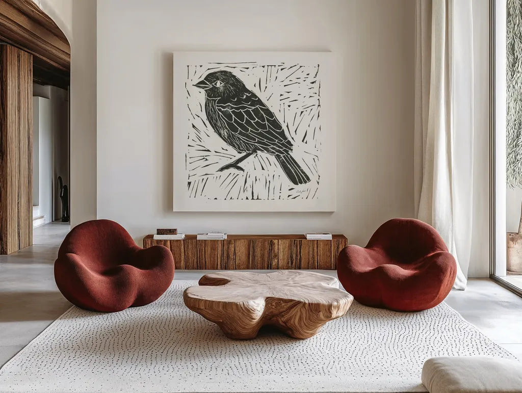 Bird Element I by Courtney Prahl. Shown as extra-large giant wall art in a modern living room. Available as an archival giclee rolled canvas, fine art paper, or poster print. SKU 30365a.