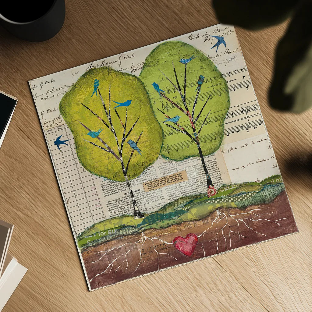 Bird Notes by Courtney Prahl. Shown as a detailed flat fine art print, highlighting archival giclee quality. Available as an archival giclee rolled canvas, fine art paper, or poster print. SKU 30379a.