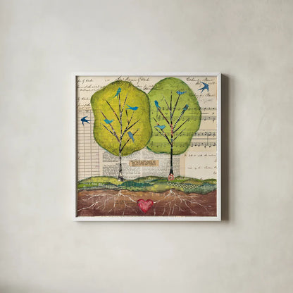 Bird Notes by Courtney Prahl. Shown in a crisp white glass frame for a clean and minimalist style. Available as an archival giclee rolled canvas, fine art paper, or poster print. SKU 30379a.