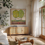 Bird Notes by Courtney Prahl. Shown in a natural wood frame in a cozy modern living room. Available as an archival giclee rolled canvas, fine art paper, or poster print. SKU 30379a.
