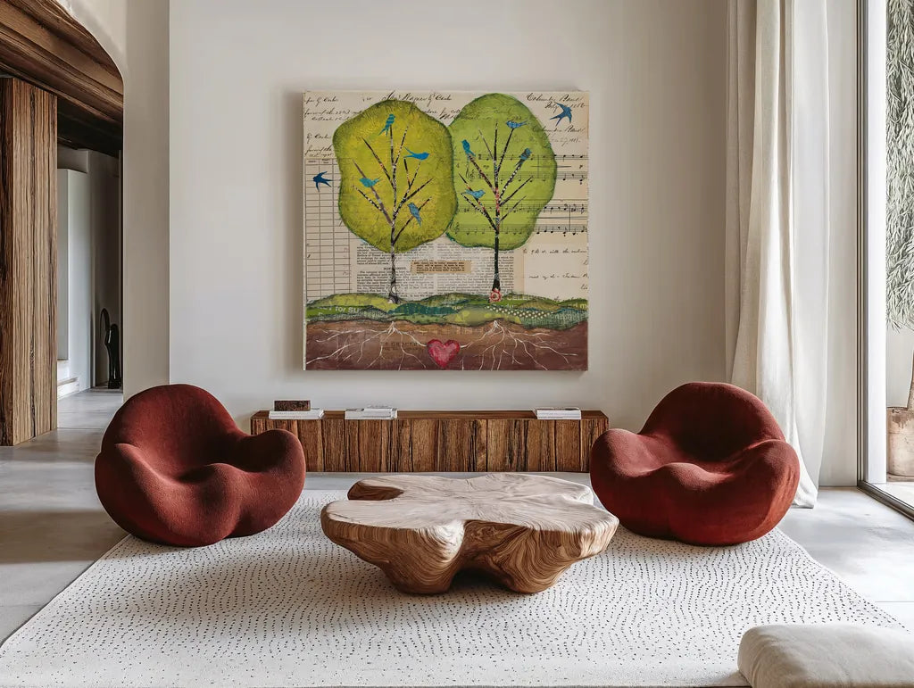 Bird Notes by Courtney Prahl. Shown as extra-large giant wall art in a modern living room. Available as an archival giclee rolled canvas, fine art paper, or poster print. SKU 30379a.