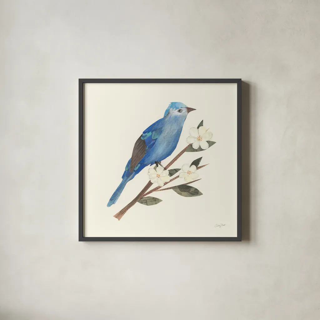 Birds and Blossoms III by Courtney Prahl. Shown in a sleek black glass frame for a contemporary gallery look. Available as an archival giclee rolled canvas, fine art paper, or poster print. SKU 62482a.