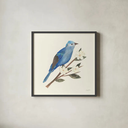 Birds and Blossoms III by Courtney Prahl. Shown in a sleek black glass frame for a contemporary gallery look. Available as an archival giclee rolled canvas, fine art paper, or poster print. SKU 62482a.