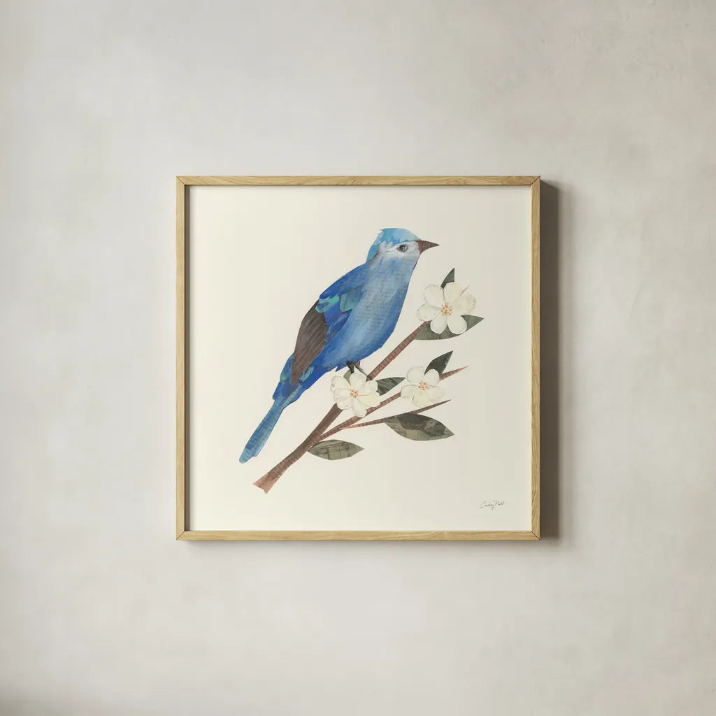 Birds and Blossoms III by Courtney Prahl. Shown in a natural wood glass frame for a timeless modern aesthetic. Available as an archival giclee rolled canvas, fine art paper, or poster print. SKU 62482a.