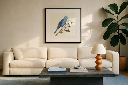 Birds and Blossoms III by Courtney Prahl. Displayed in a glass frame with matte in a clean modern living room. Available as an archival giclee rolled canvas, fine art paper, or poster print. SKU 62482a.