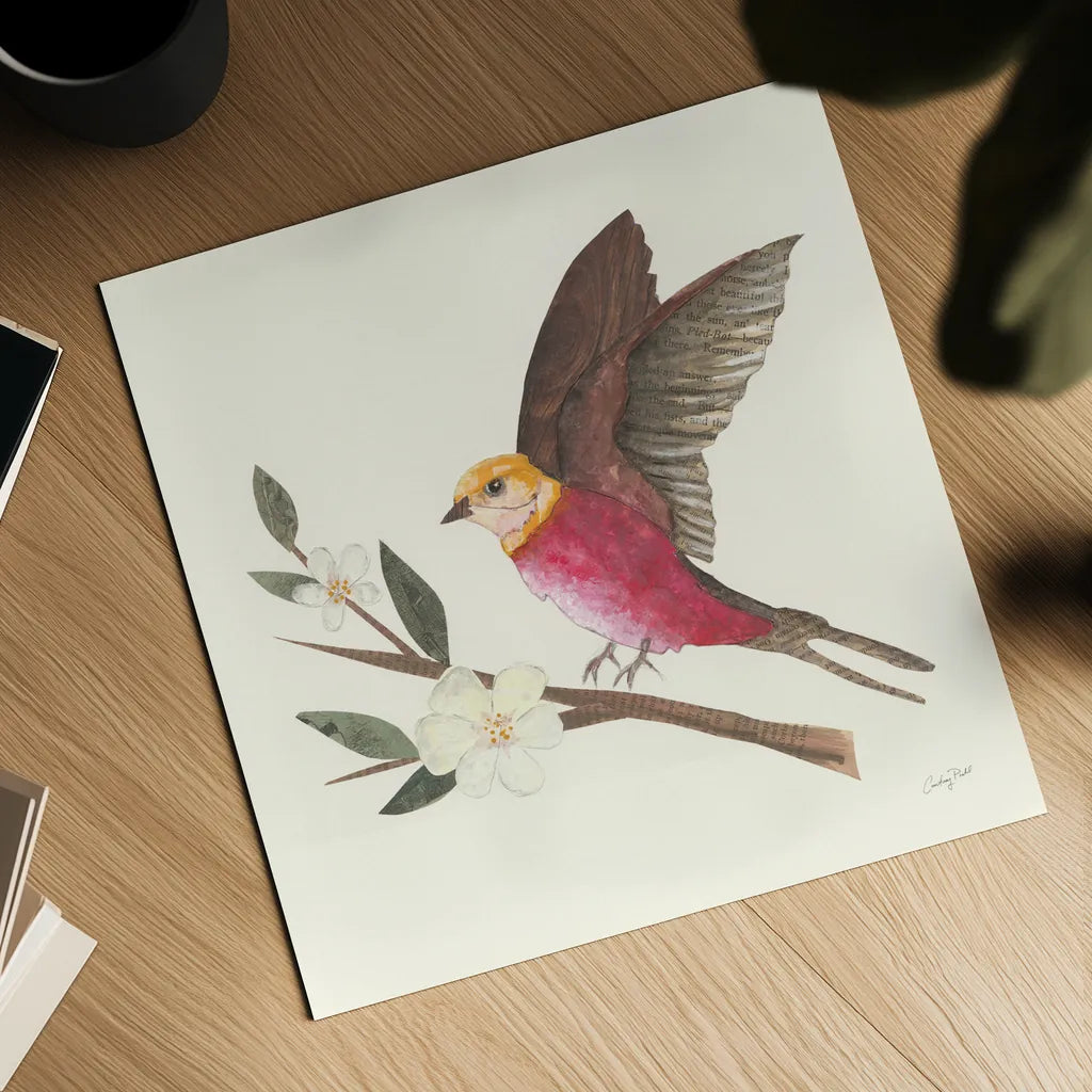 Birds and Blossoms IV by Courtney Prahl. Shown as a detailed flat fine art print, highlighting archival giclee quality. Available as an archival giclee rolled canvas, fine art paper, or poster print. SKU 62483a.