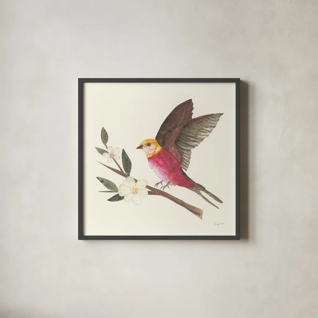 Birds and Blossoms IV by Courtney Prahl. Shown in a sleek black glass frame for a contemporary gallery look. Available as an archival giclee rolled canvas, fine art paper, or poster print. SKU 62483a.