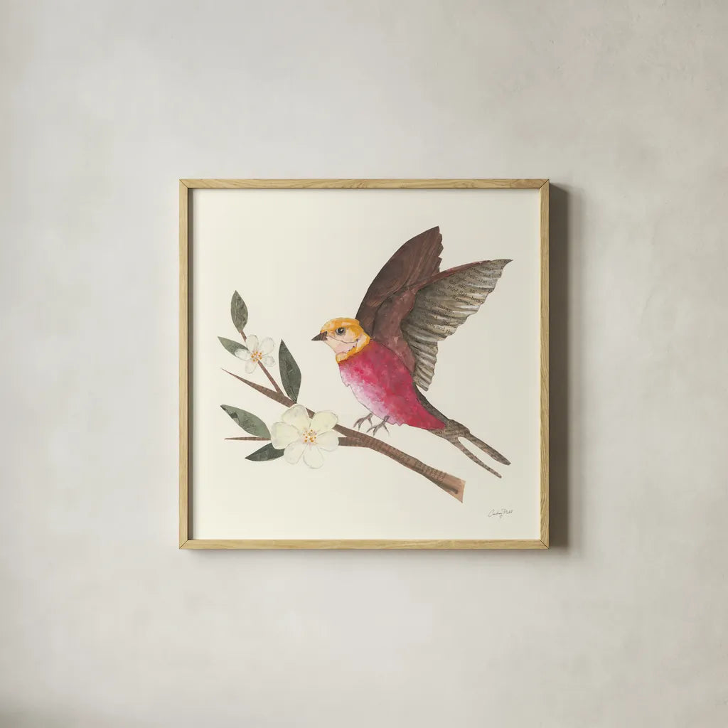 Birds and Blossoms IV by Courtney Prahl. Shown in a natural wood glass frame for a timeless modern aesthetic. Available as an archival giclee rolled canvas, fine art paper, or poster print. SKU 62483a.