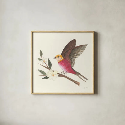 Birds and Blossoms IV by Courtney Prahl. Shown in a natural wood glass frame for a timeless modern aesthetic. Available as an archival giclee rolled canvas, fine art paper, or poster print. SKU 62483a.