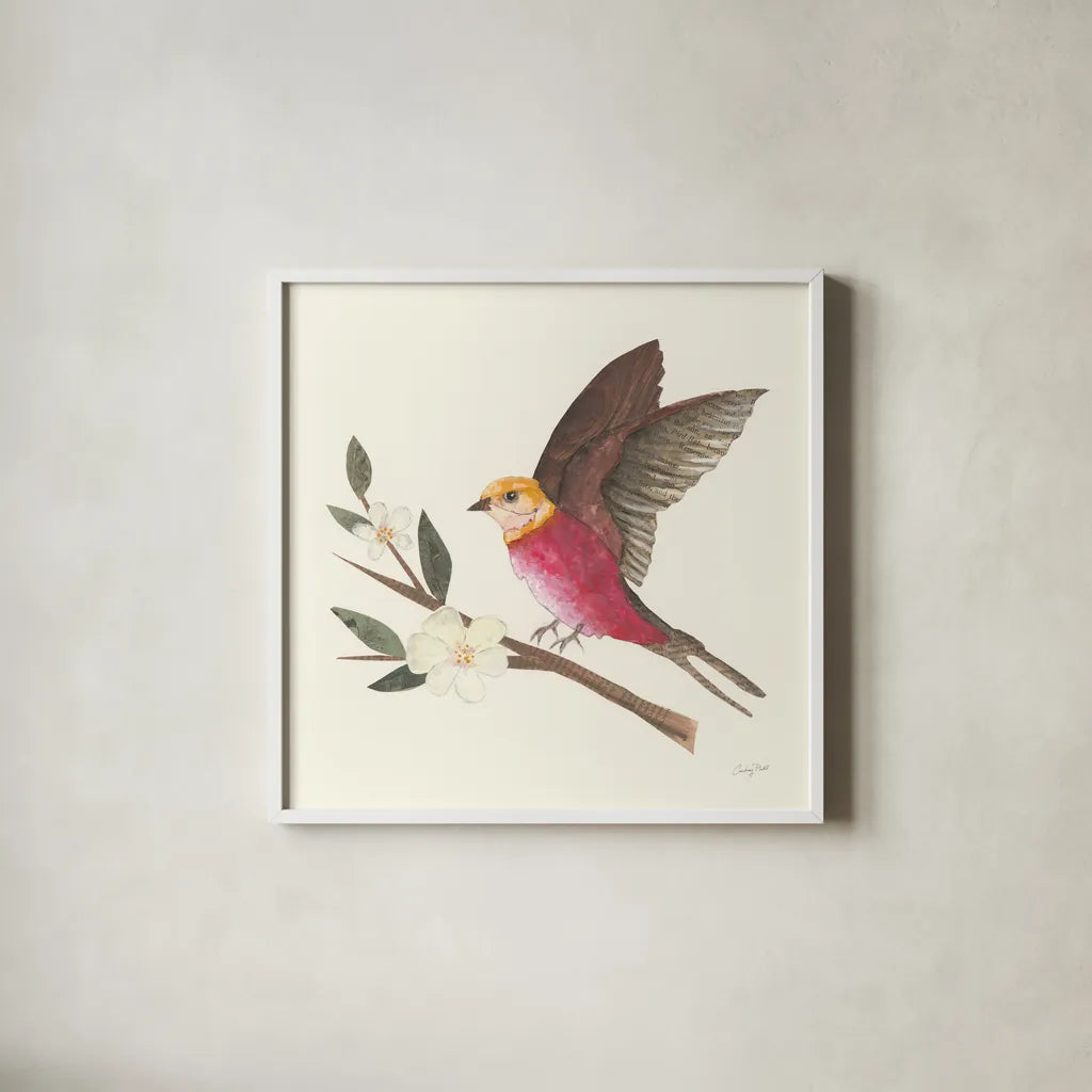 Birds and Blossoms IV by Courtney Prahl. Shown in a crisp white glass frame for a clean and minimalist style. Available as an archival giclee rolled canvas, fine art paper, or poster print. SKU 62483a.
