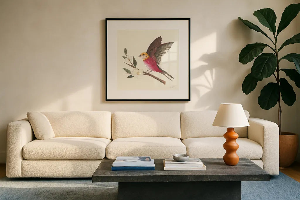 Birds and Blossoms IV by Courtney Prahl. Displayed in a glass frame with matte in a clean modern living room. Available as an archival giclee rolled canvas, fine art paper, or poster print. SKU 62483a.