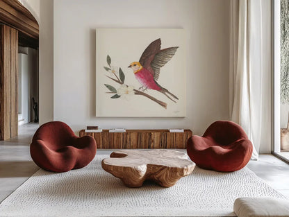 Birds and Blossoms IV by Courtney Prahl. Shown as extra-large giant wall art in a modern living room. Available as an archival giclee rolled canvas, fine art paper, or poster print. SKU 62483a.