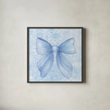 Blue Bow by Courtney Prahl. Shown in a sleek black glass frame for a contemporary gallery look. Available as an archival giclee rolled canvas, fine art paper, or poster print. SKU 101031a.