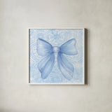 Blue Bow by Courtney Prahl. Shown in a crisp white glass frame for a clean and minimalist style. Available as an archival giclee rolled canvas, fine art paper, or poster print. SKU 101031a.