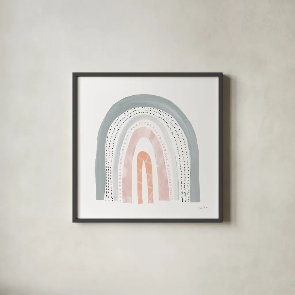 Boho Rainbow I by Courtney Prahl. Shown in a sleek black glass frame for a contemporary gallery look. Available as an archival giclee rolled canvas, fine art paper, or poster print. SKU 56521a.