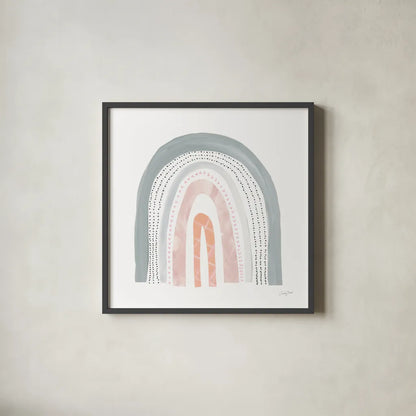 Boho Rainbow I by Courtney Prahl. Shown in a sleek black glass frame for a contemporary gallery look. Available as an archival giclee rolled canvas, fine art paper, or poster print. SKU 56521a.