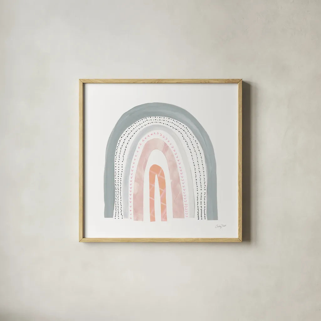 Boho Rainbow I by Courtney Prahl. Shown in a natural wood glass frame for a timeless modern aesthetic. Available as an archival giclee rolled canvas, fine art paper, or poster print. SKU 56521a.