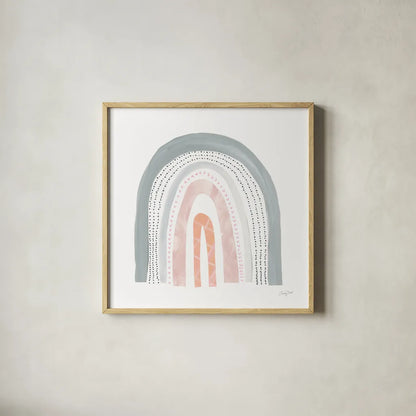 Boho Rainbow I by Courtney Prahl. Shown in a natural wood glass frame for a timeless modern aesthetic. Available as an archival giclee rolled canvas, fine art paper, or poster print. SKU 56521a.