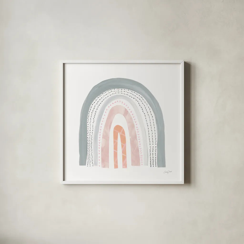 Boho Rainbow I by Courtney Prahl. Shown in a crisp white glass frame for a clean and minimalist style. Available as an archival giclee rolled canvas, fine art paper, or poster print. SKU 56521a.