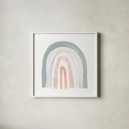 Boho Rainbow I by Courtney Prahl. Shown in a crisp white glass frame for a clean and minimalist style. Available as an archival giclee rolled canvas, fine art paper, or poster print. SKU 56521a.