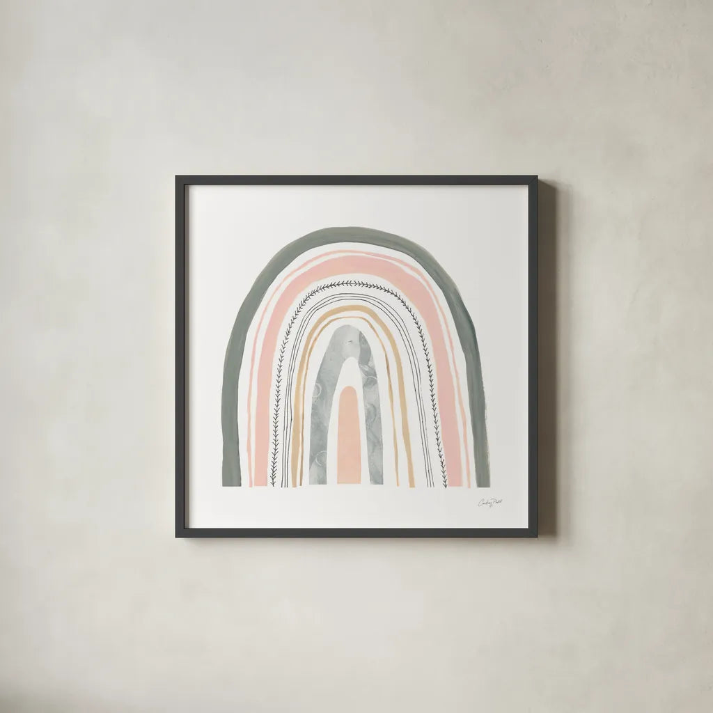 Boho Rainbow II by Courtney Prahl. Shown in a sleek black glass frame for a contemporary gallery look. Available as an archival giclee rolled canvas, fine art paper, or poster print. SKU 56522a.