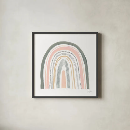 Boho Rainbow II by Courtney Prahl. Shown in a sleek black glass frame for a contemporary gallery look. Available as an archival giclee rolled canvas, fine art paper, or poster print. SKU 56522a.