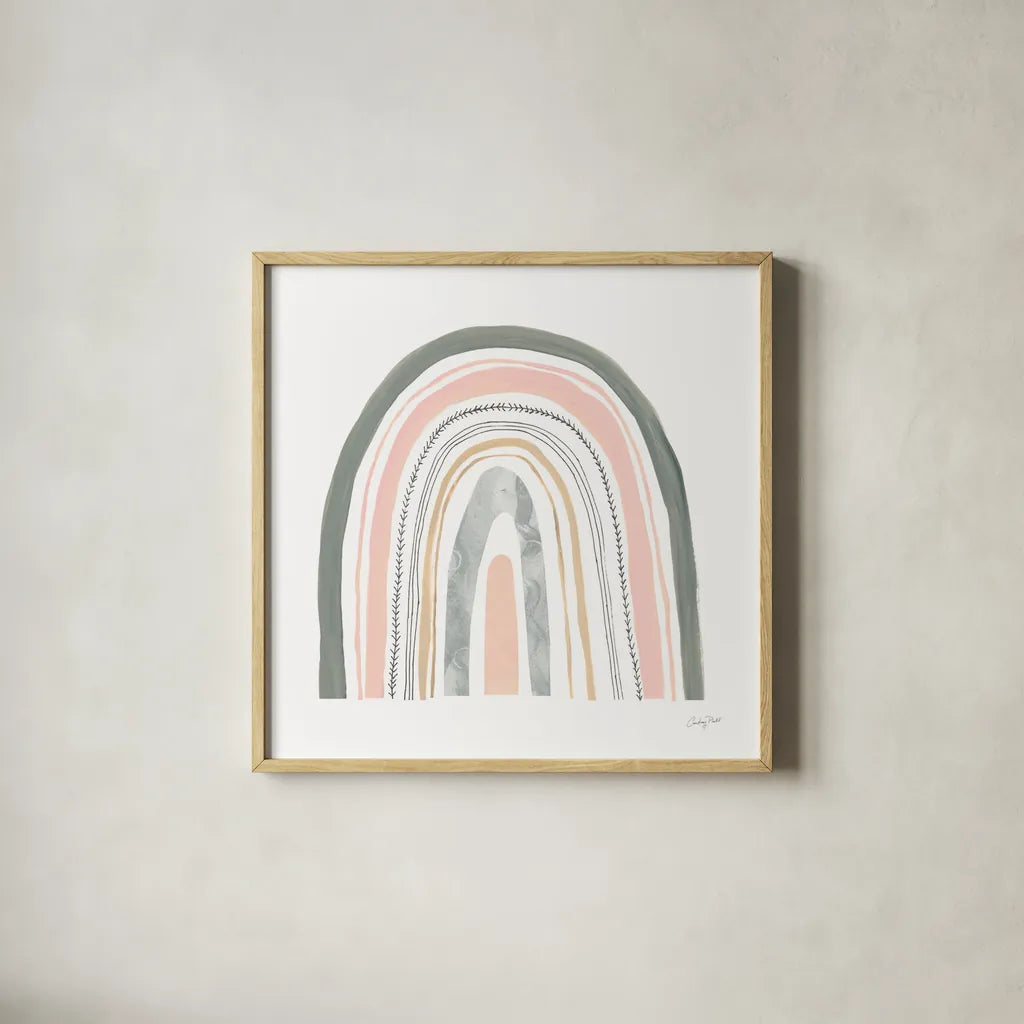 Boho Rainbow II by Courtney Prahl. Shown in a natural wood glass frame for a timeless modern aesthetic. Available as an archival giclee rolled canvas, fine art paper, or poster print. SKU 56522a.