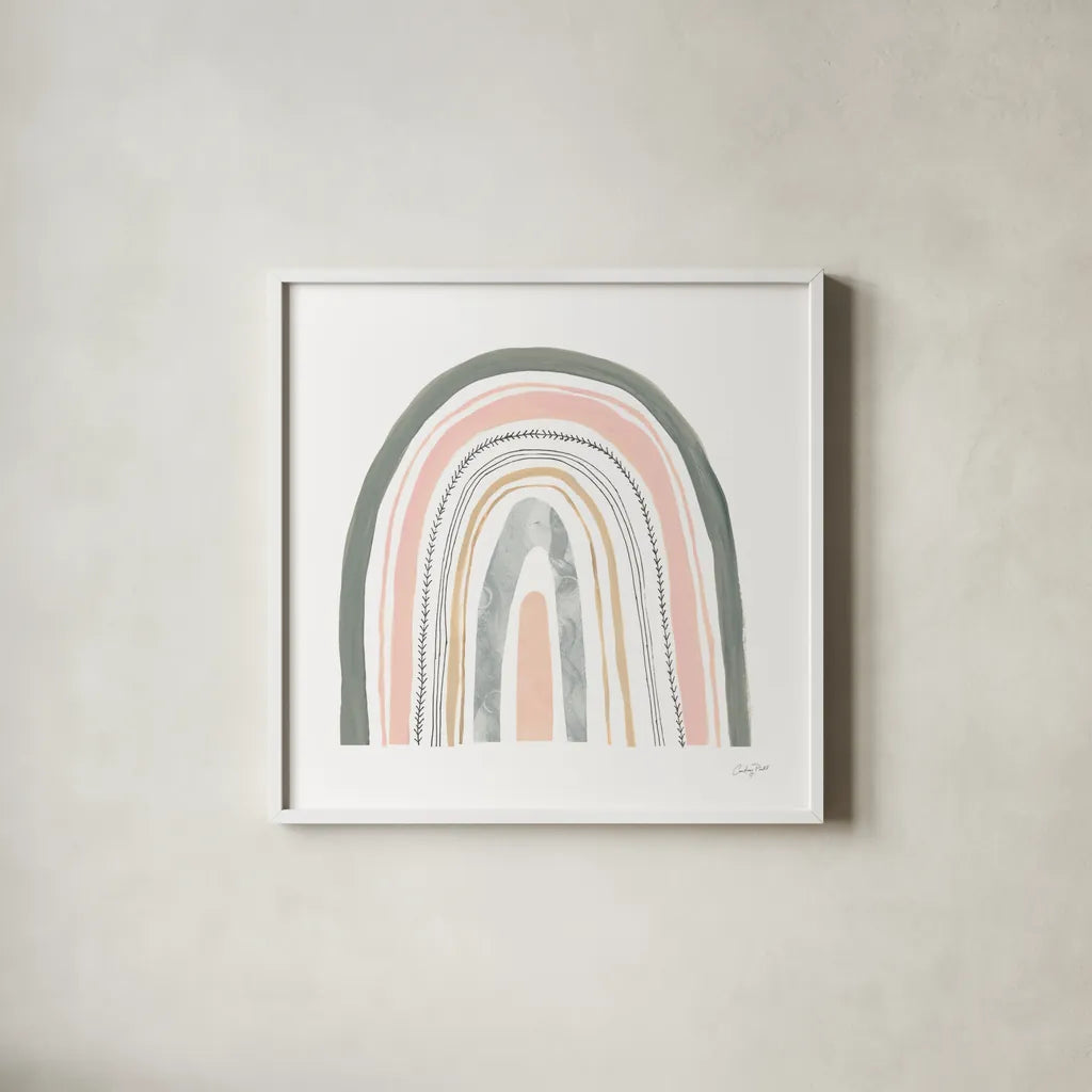 Boho Rainbow II by Courtney Prahl. Shown in a crisp white glass frame for a clean and minimalist style. Available as an archival giclee rolled canvas, fine art paper, or poster print. SKU 56522a.