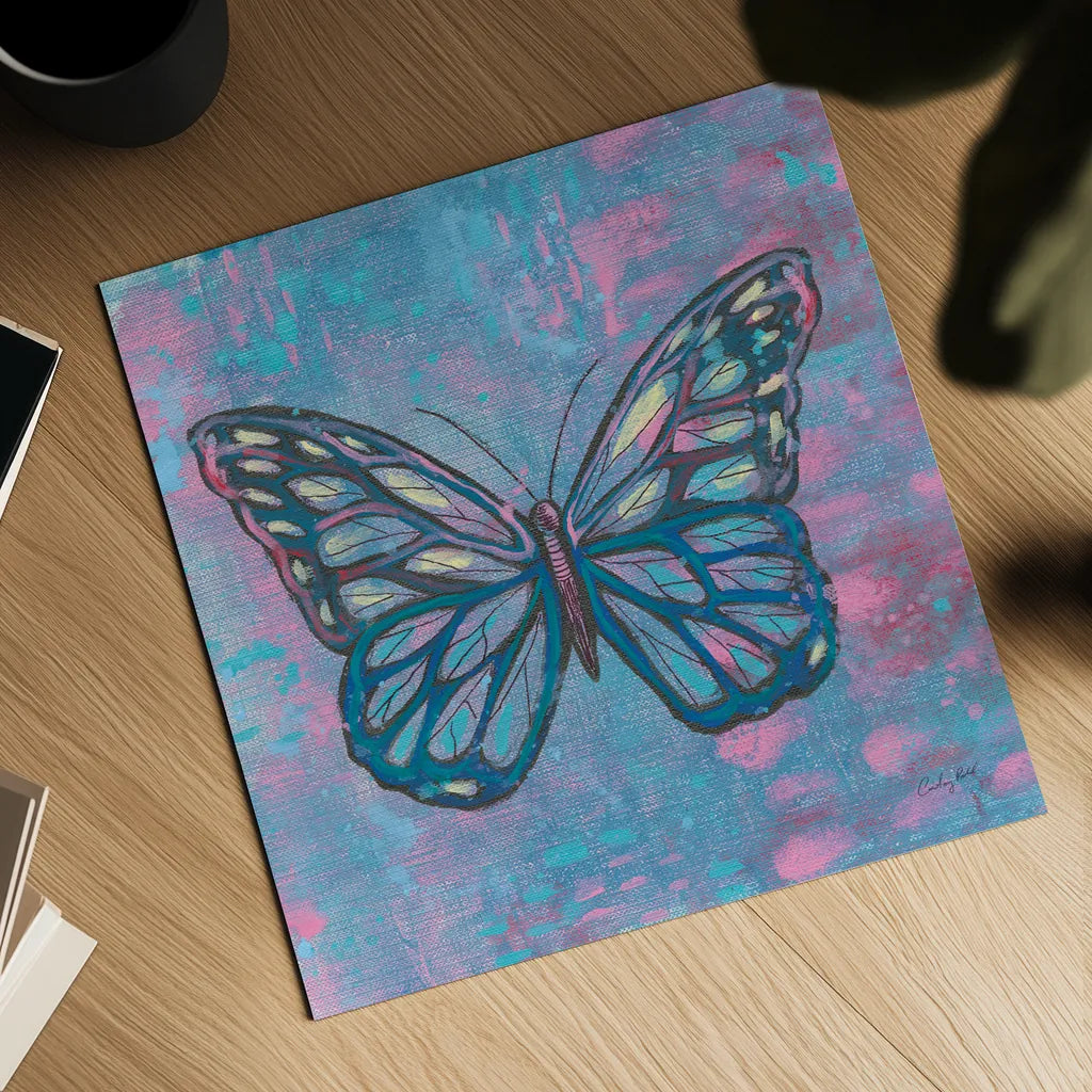 Bright Butterfly I by Courtney Prahl. Shown as a detailed flat fine art print, highlighting archival giclee quality. Available as an archival giclee rolled canvas, fine art paper, or poster print. SKU 89304a.