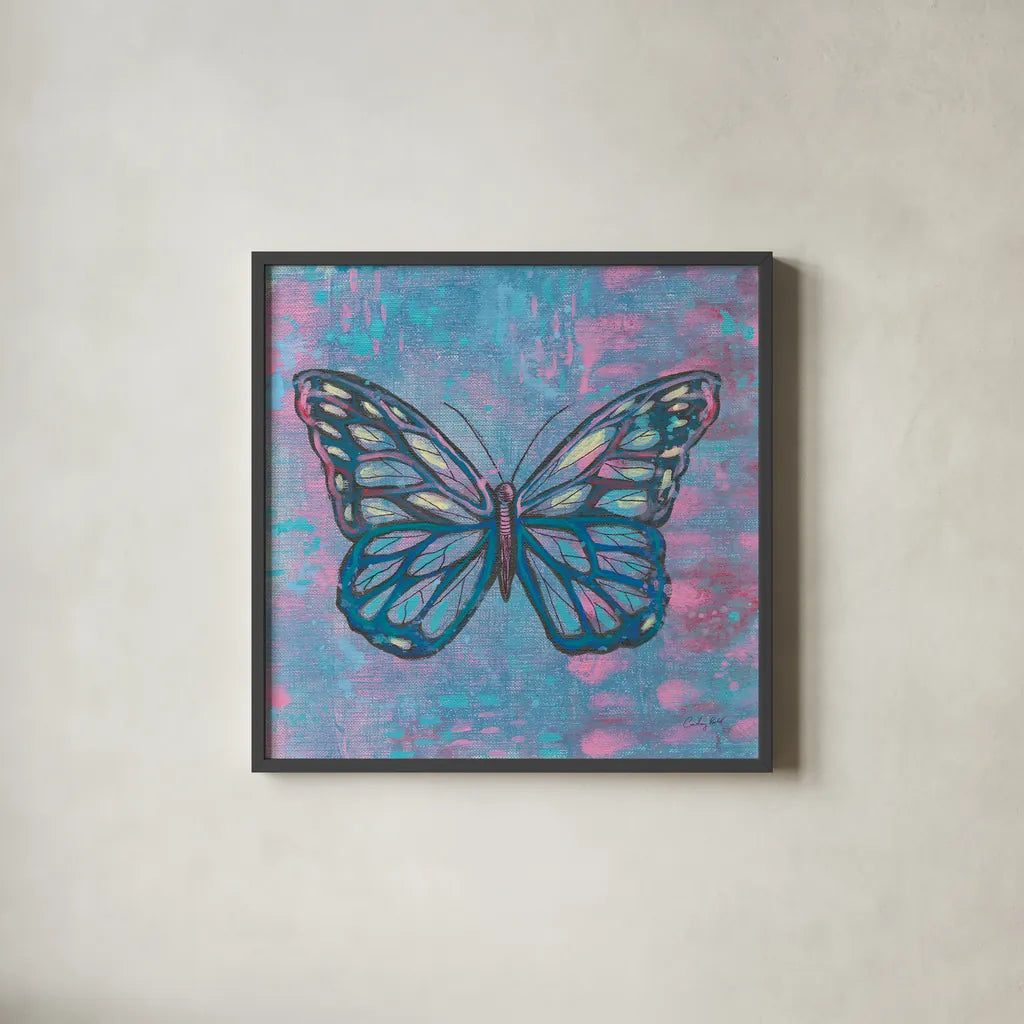 Bright Butterfly I by Courtney Prahl. Shown in a sleek black glass frame for a contemporary gallery look. Available as an archival giclee rolled canvas, fine art paper, or poster print. SKU 89304a.