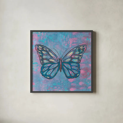 Bright Butterfly I by Courtney Prahl. Shown in a sleek black glass frame for a contemporary gallery look. Available as an archival giclee rolled canvas, fine art paper, or poster print. SKU 89304a.