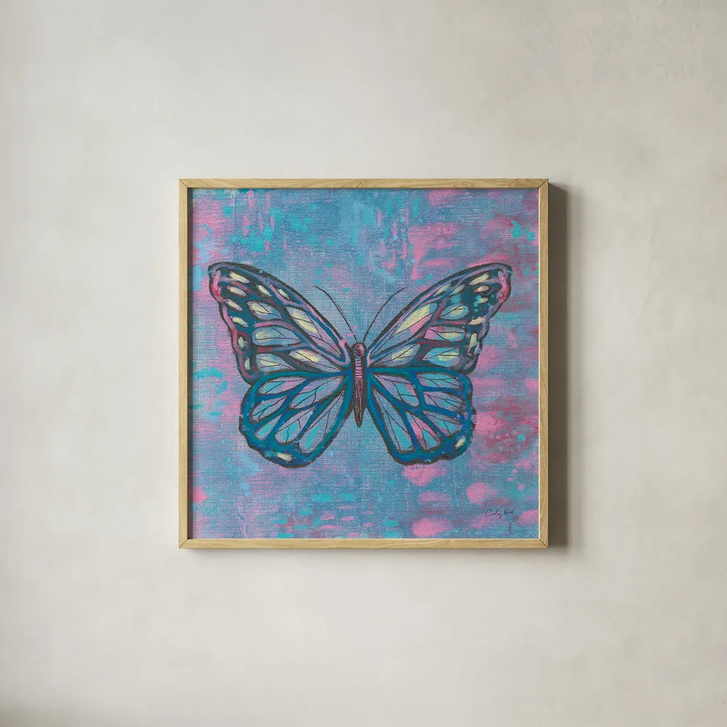 Bright Butterfly I by Courtney Prahl. Shown in a natural wood glass frame for a timeless modern aesthetic. Available as an archival giclee rolled canvas, fine art paper, or poster print. SKU 89304a.