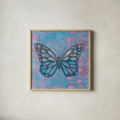 Bright Butterfly I by Courtney Prahl. Shown in a natural wood glass frame for a timeless modern aesthetic. Available as an archival giclee rolled canvas, fine art paper, or poster print. SKU 89304a.