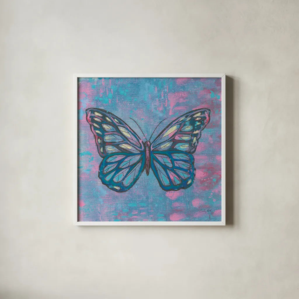Bright Butterfly I by Courtney Prahl. Shown in a crisp white glass frame for a clean and minimalist style. Available as an archival giclee rolled canvas, fine art paper, or poster print. SKU 89304a.