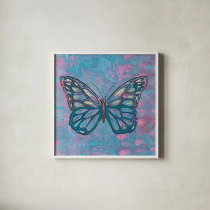 Bright Butterfly I by Courtney Prahl. Shown in a crisp white glass frame for a clean and minimalist style. Available as an archival giclee rolled canvas, fine art paper, or poster print. SKU 89304a.