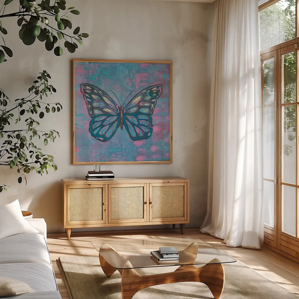 Bright Butterfly I by Courtney Prahl. Shown in a natural wood frame in a cozy modern living room. Available as an archival giclee rolled canvas, fine art paper, or poster print. SKU 89304a.