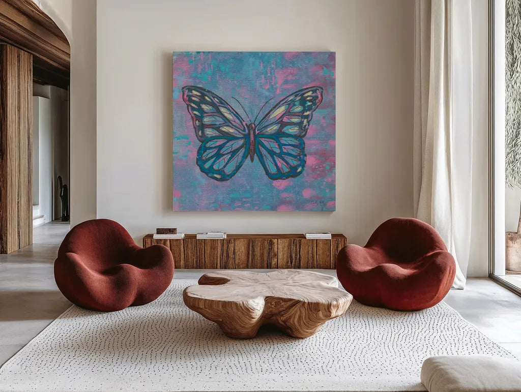 Bright Butterfly I by Courtney Prahl. Shown as extra-large giant wall art in a modern living room. Available as an archival giclee rolled canvas, fine art paper, or poster print. SKU 89304a.
