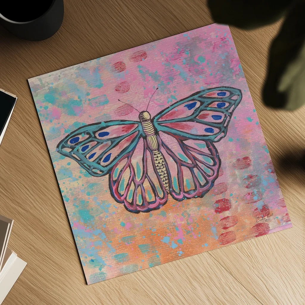 Bright Butterfly II by Courtney Prahl. Shown as a detailed flat fine art print, highlighting archival giclee quality. Available as an archival giclee rolled canvas, fine art paper, or poster print. SKU 89305a.